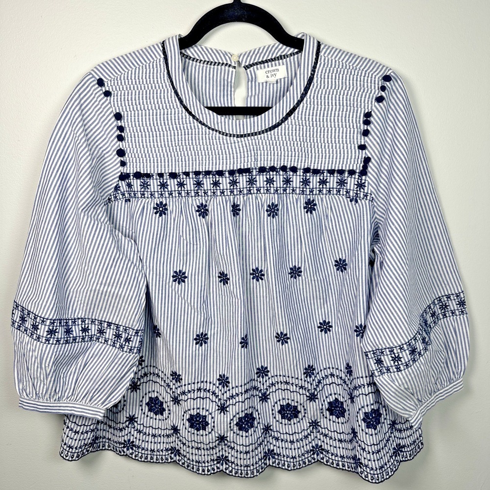 Crown & Ivy Large Womens Top Peasant 3/4 Sleeve Blue Stripe Embroidered Boho - Picture 2 of 16
